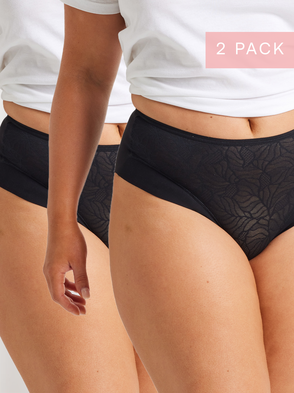 2 Pack Sleek &amp; Smooth Lace Mid Rise Brief in Black by Kayser Lingerie