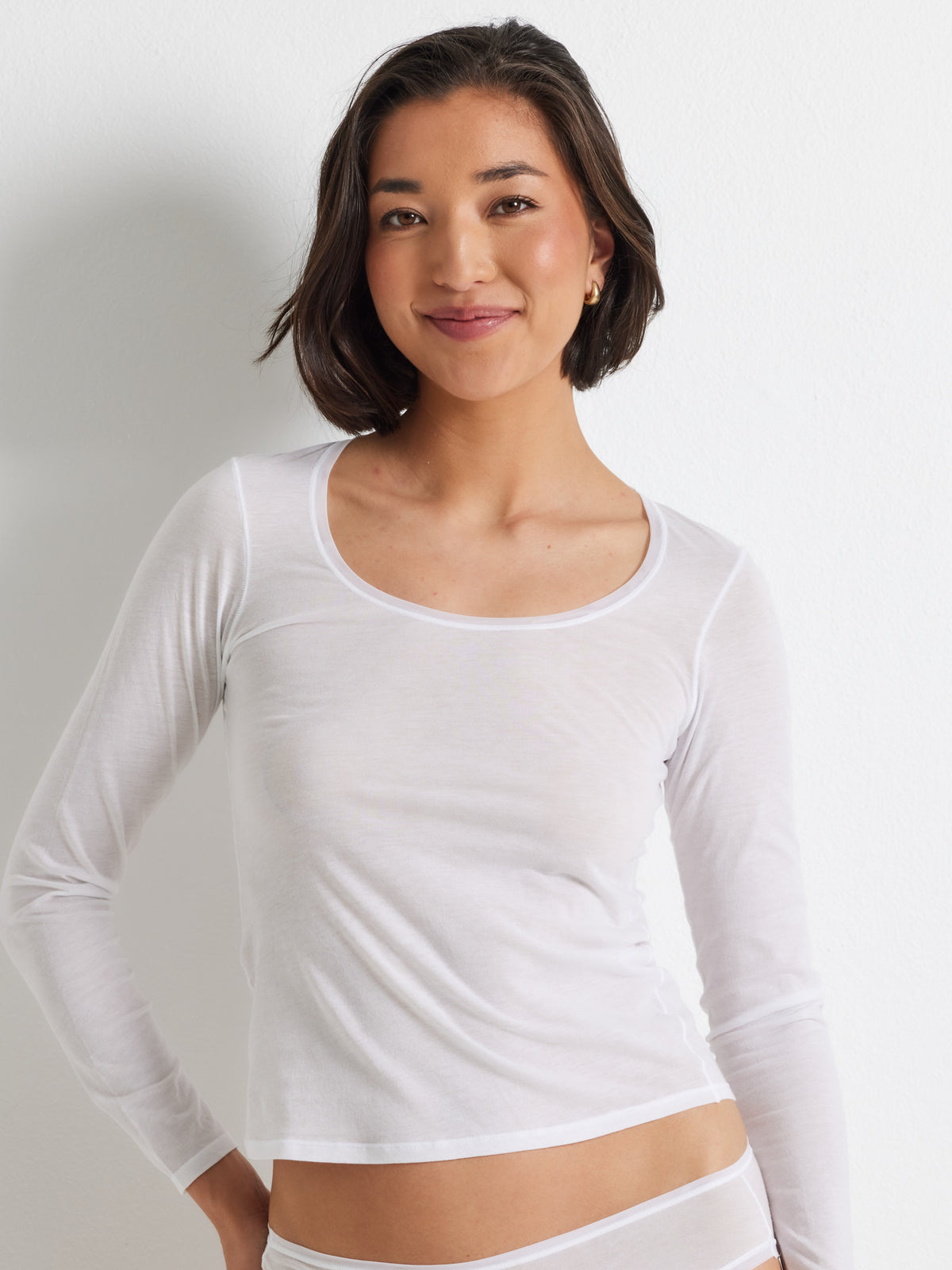 Pure Cotton Long Sleeve White Layering Top in White by Kayser Lingerie