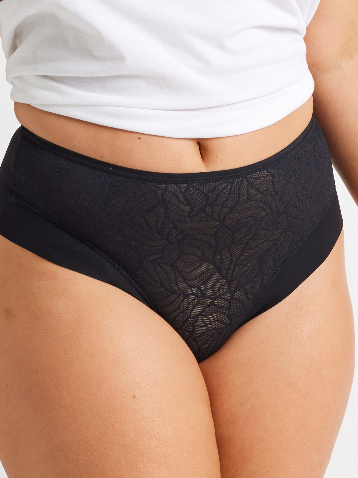 Sleek &amp; Smooth Lace &amp; Micro Hi Cut Brief in black by Kayser Lingerie